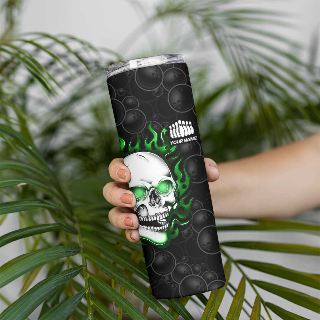 Personalized Skull Bowling Skinny Tumbler Green Flame Skull - Wonder Print Shop