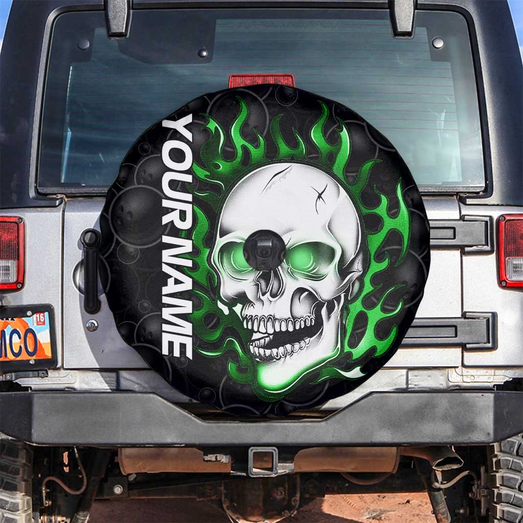 Personalized Skull Bowling Spare Tire Cover Green Flame Skull - Wonder Print Shop