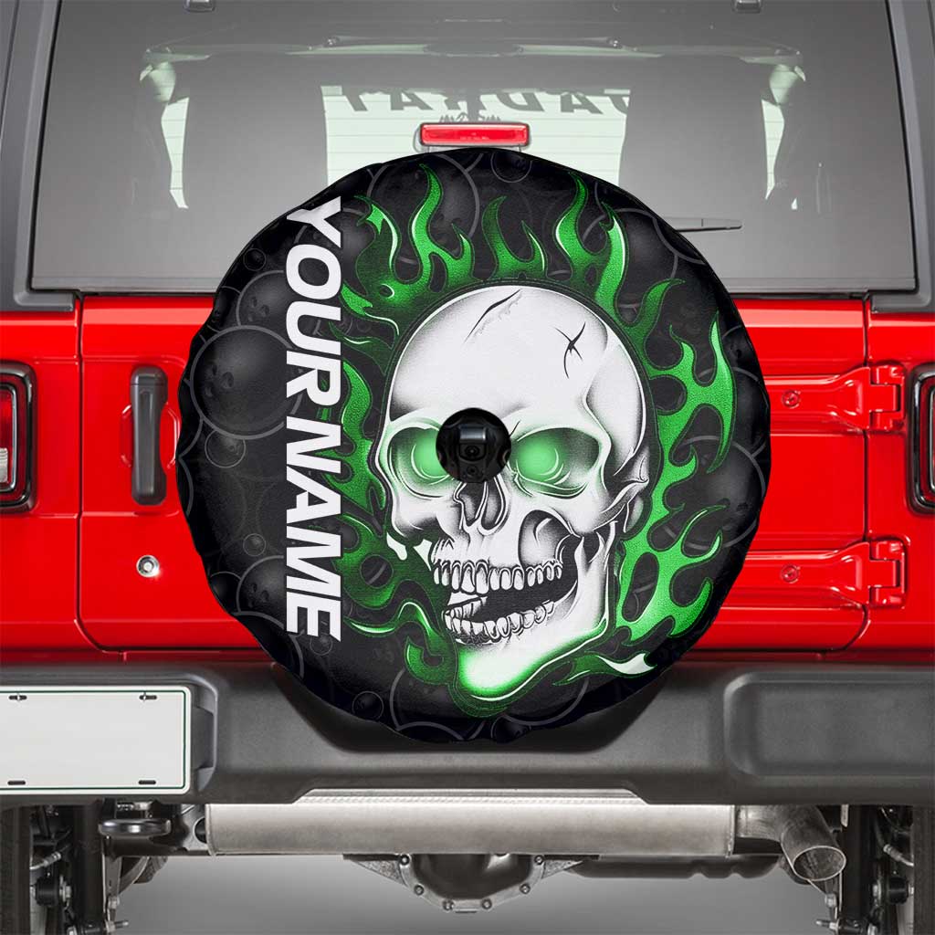 Personalized Skull Bowling Spare Tire Cover Green Flame Skull - Wonder Print Shop