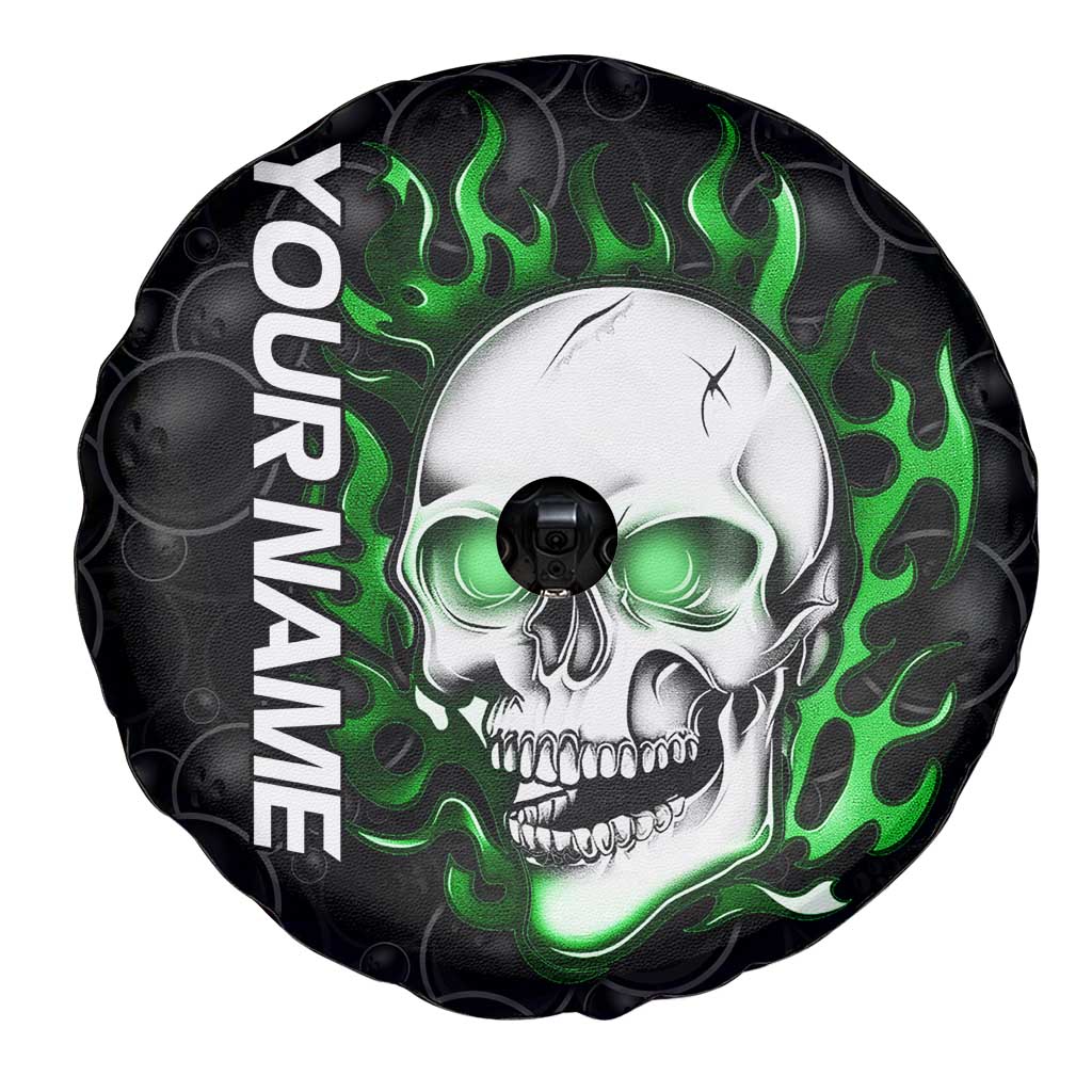 Personalized Skull Bowling Spare Tire Cover Green Flame Skull - Wonder Print Shop