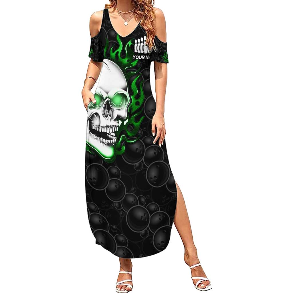 Personalized Skull Bowling Summer Maxi Dress Green Flame Skull - Wonder Print Shop