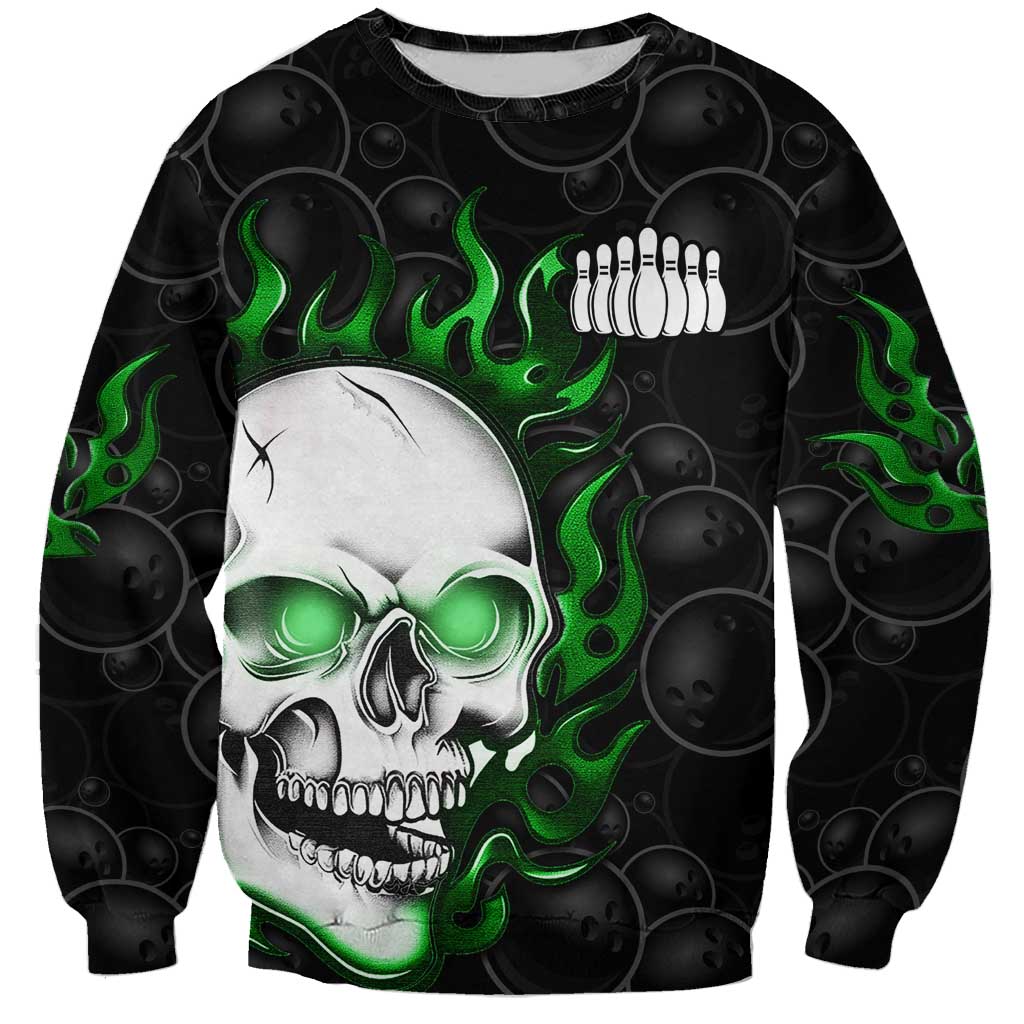 Personalized Skull Bowling Sweatshirt Green Flame Skull - Wonder Print Shop