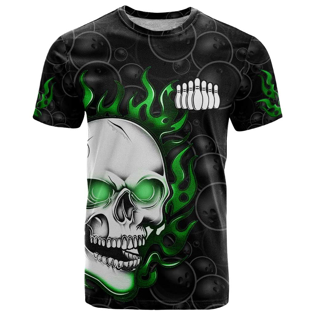 Personalized Skull Bowling T Shirt Green Flame Skull - Wonder Print Shop