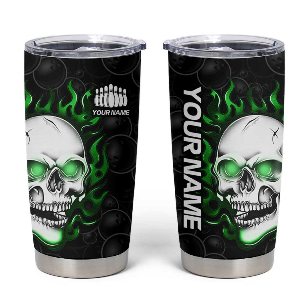 Personalized Skull Bowling Tumbler Cup Green Flame Skull - Wonder Print Shop