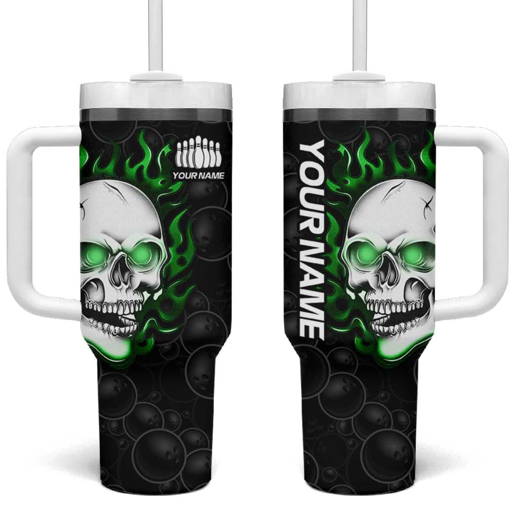 Personalized Skull Bowling Tumbler With Handle Green Flame Skull - Wonder Print Shop