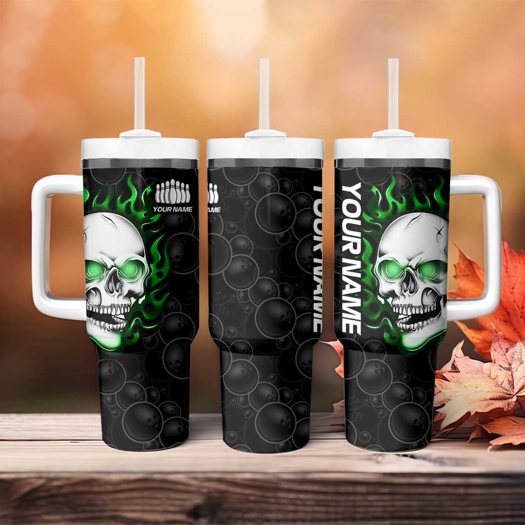 Personalized Skull Bowling Tumbler With Handle Green Flame Skull - Wonder Print Shop