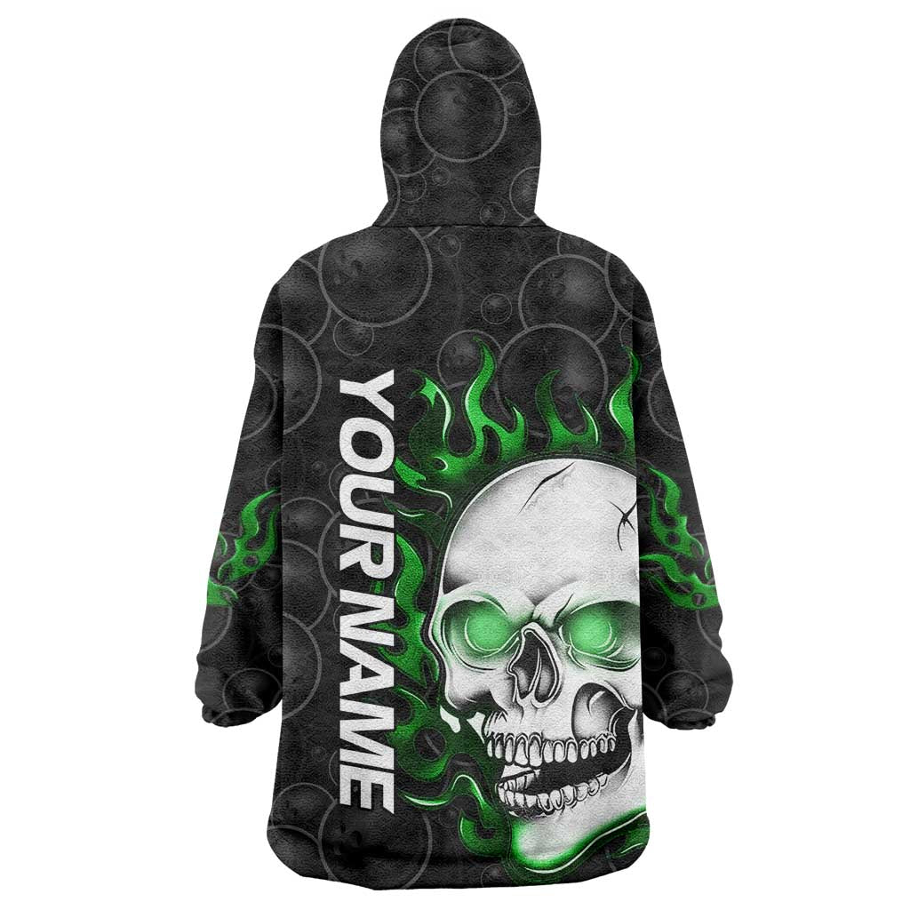 Personalized Skull Bowling Wearable Blanket Hoodie Green Flame Skull - Wonder Print Shop