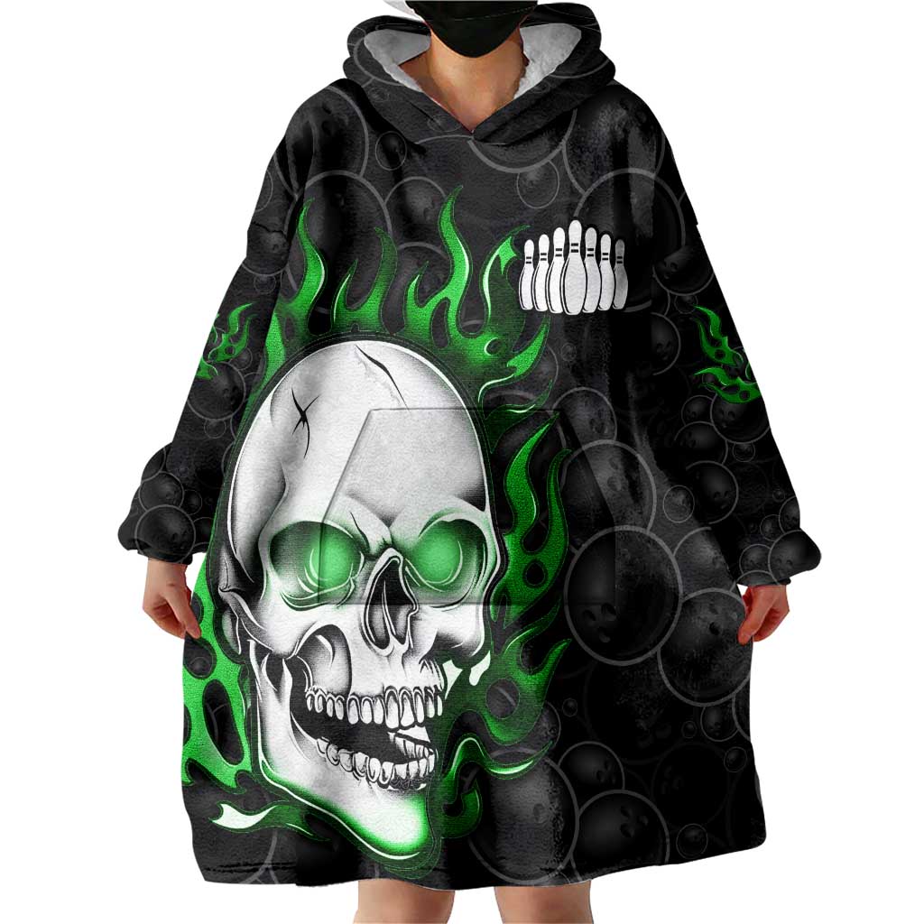 Personalized Skull Bowling Wearable Blanket Hoodie Green Flame Skull - Wonder Print Shop