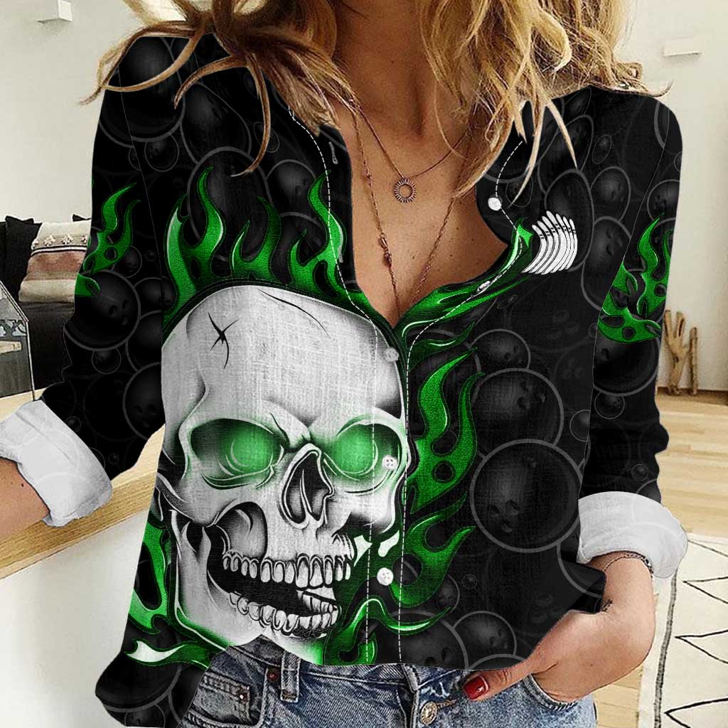 Personalized Skull Bowling Women Casual Shirt Green Flame Skull - Wonder Print Shop