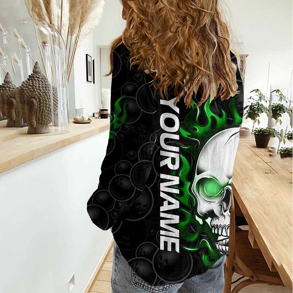 Personalized Skull Bowling Women Casual Shirt Green Flame Skull - Wonder Print Shop