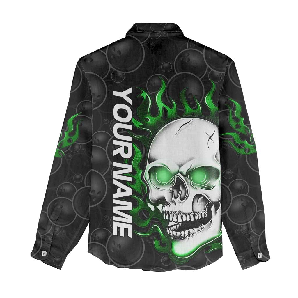 Personalized Skull Bowling Women Casual Shirt Green Flame Skull - Wonder Print Shop