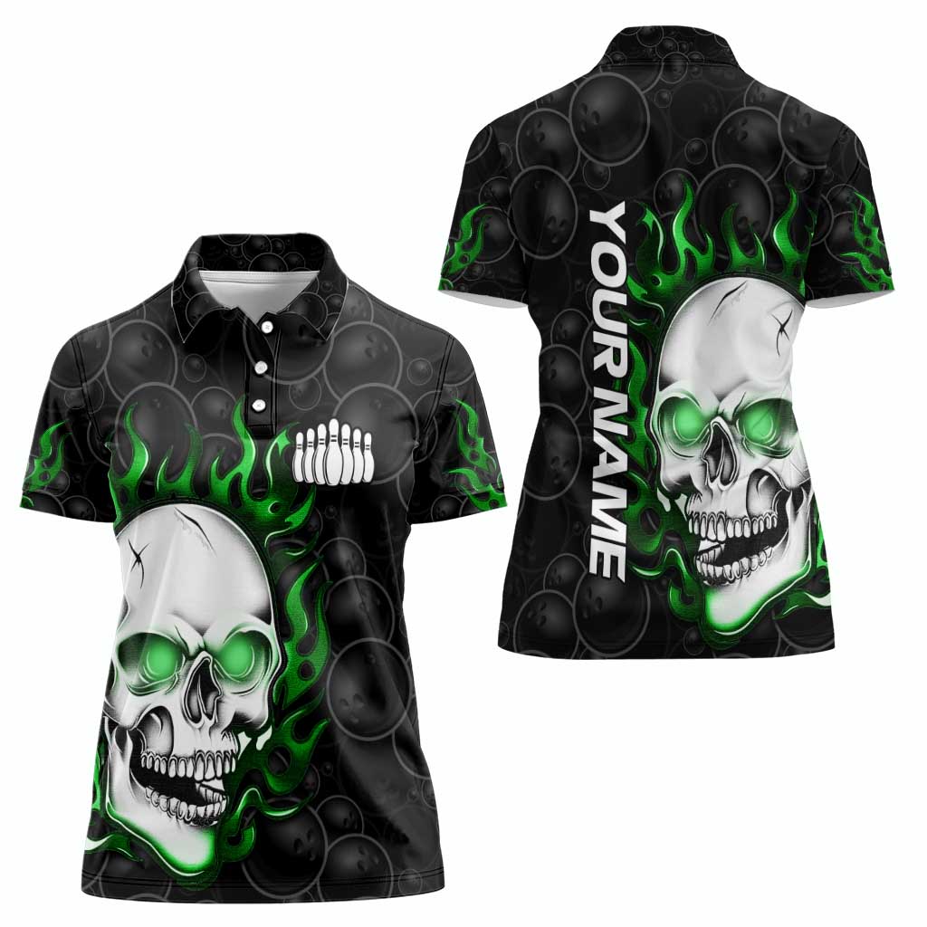 Personalized Skull Bowling Women Polo Shirt Green Flame Skull - Wonder Print Shop