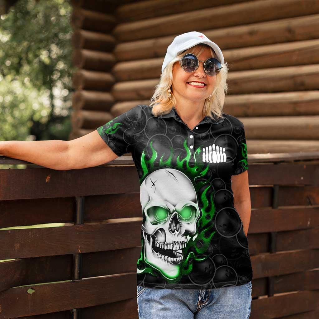 Personalized Skull Bowling Women Polo Shirt Green Flame Skull - Wonder Print Shop