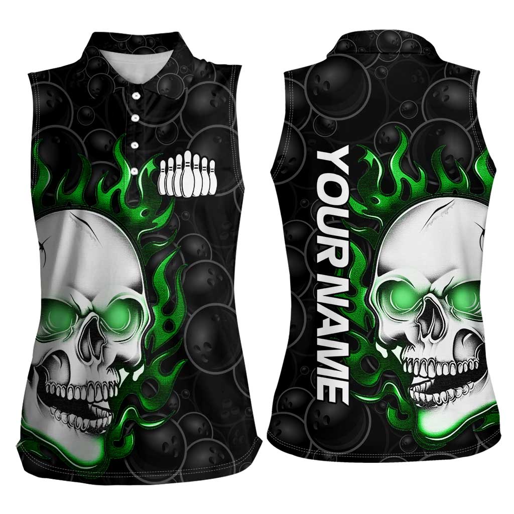 Personalized Skull Bowling Women Sleeveless Polo Shirt Green Flame Skull - Wonder Print Shop