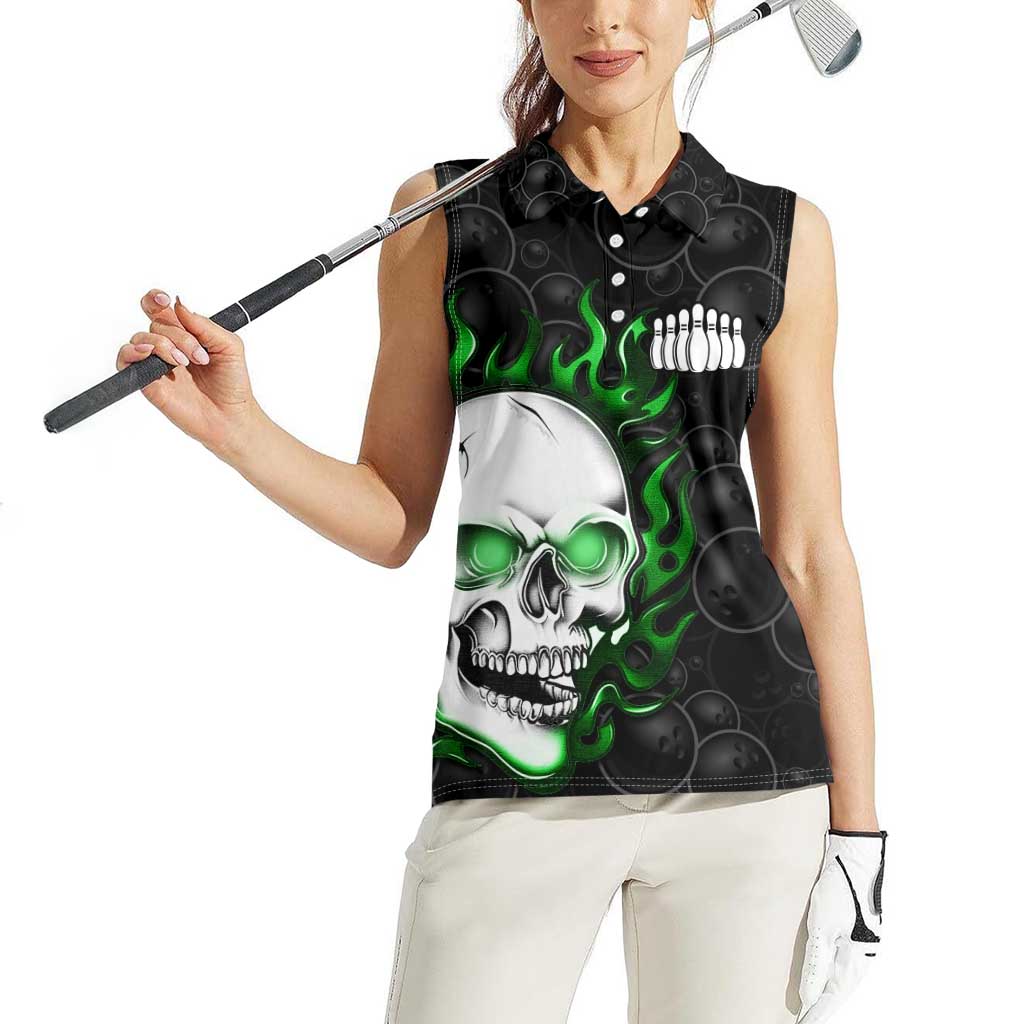 Personalized Skull Bowling Women Sleeveless Polo Shirt Green Flame Skull - Wonder Print Shop