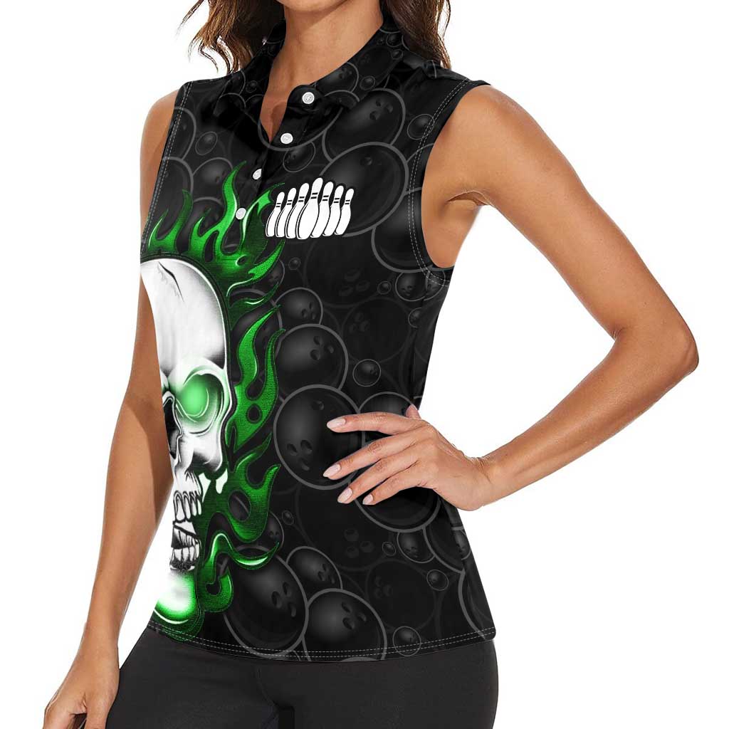 Personalized Skull Bowling Women Sleeveless Polo Shirt Green Flame Skull - Wonder Print Shop