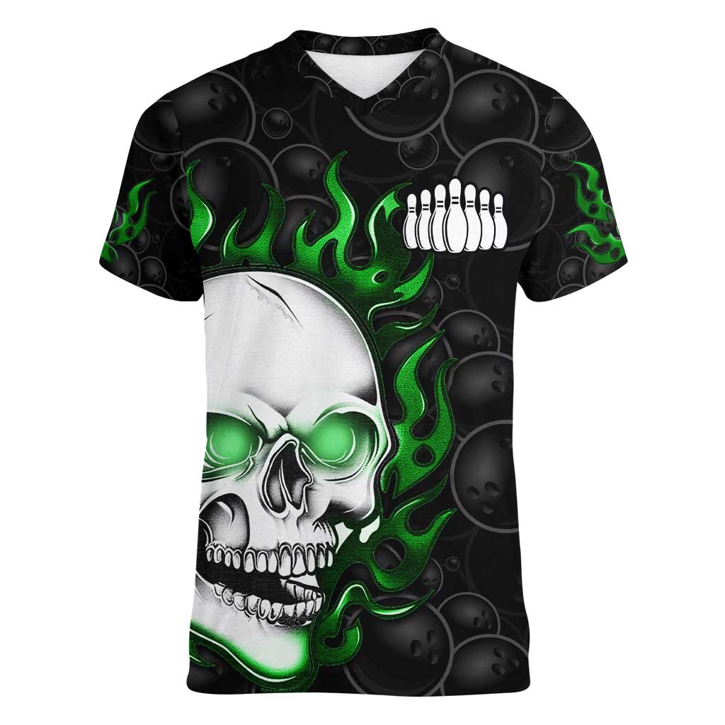 Personalized Skull Bowling Women V-Neck T-Shirt Green Flame Skull - Wonder Print Shop