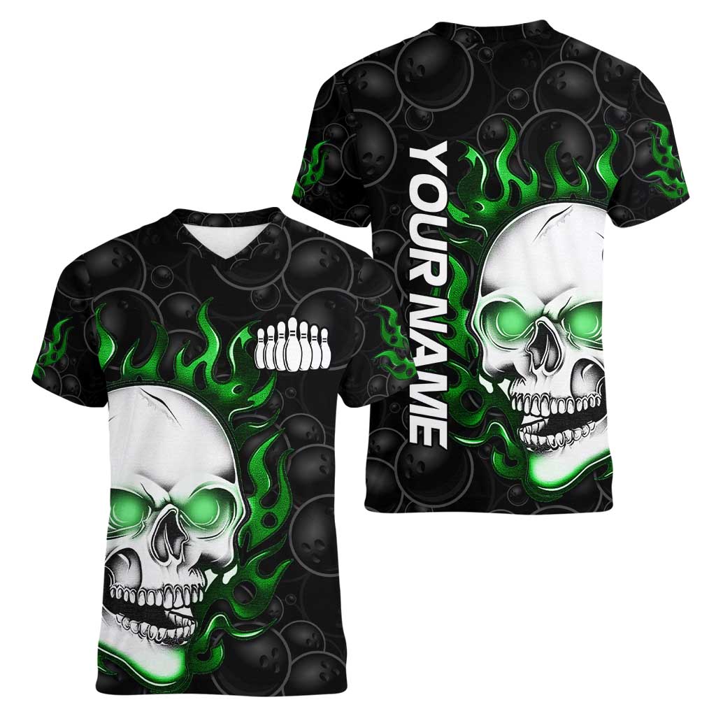 Personalized Skull Bowling Women V-Neck T-Shirt Green Flame Skull - Wonder Print Shop