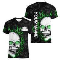 Personalized Skull Bowling Women V-Neck T-Shirt Green Flame Skull - Wonder Print Shop