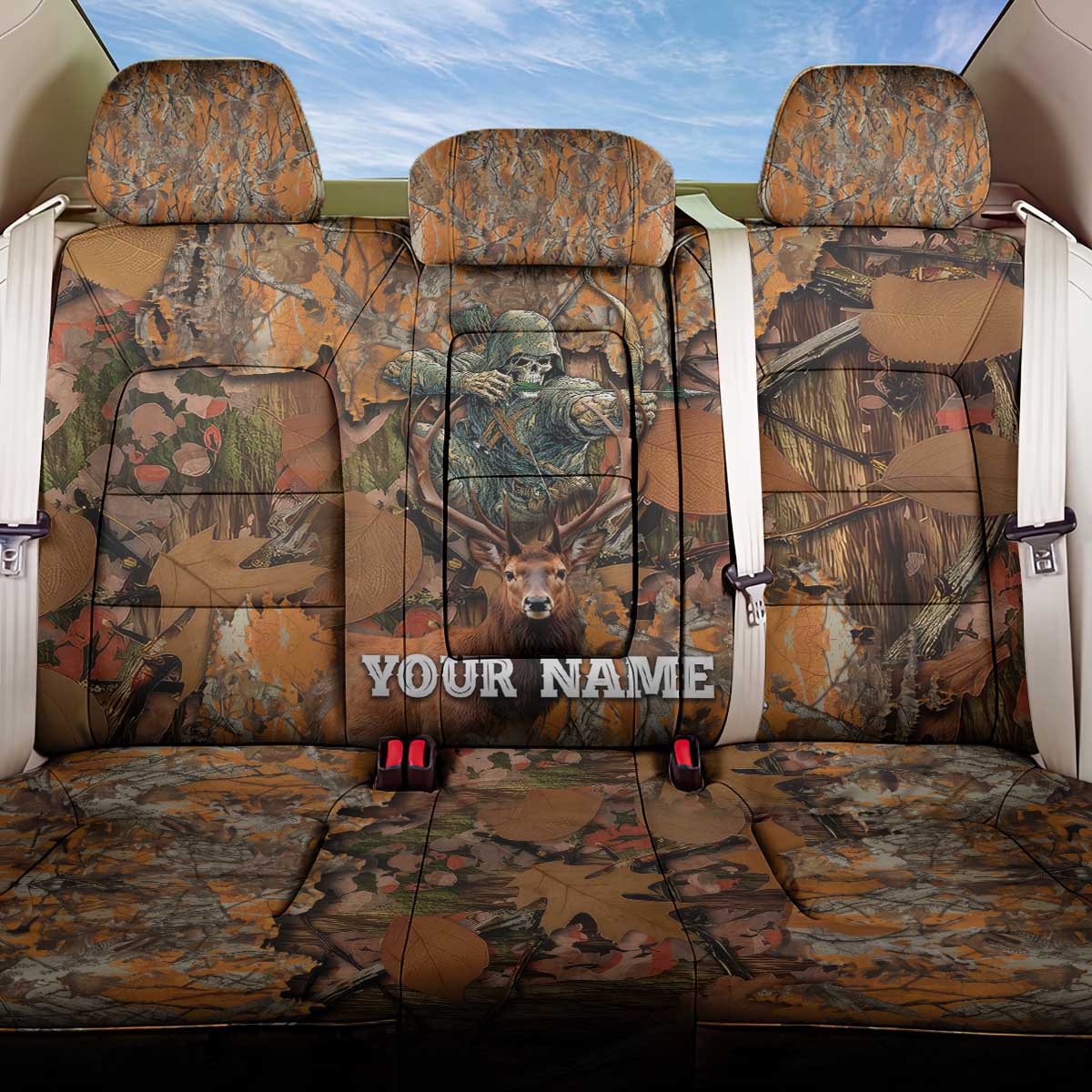 Custom Deer Hunting Back Car Seat Cover Big Game Camo Forest Design and Skeleton Archer - Wonder Print Shop