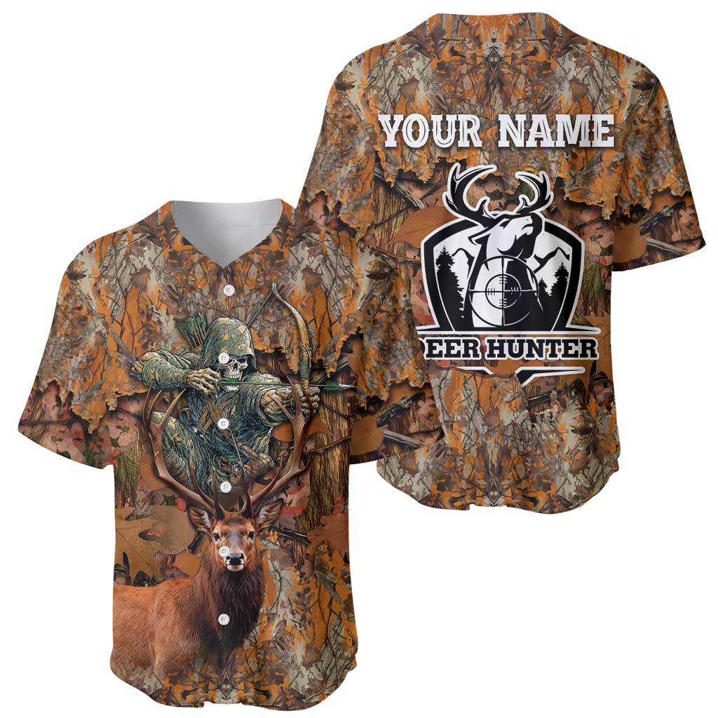 Custom Deer Hunting Baseball Jersey Big Game Camo Forest Design and Skeleton Archer - Wonder Print Shop