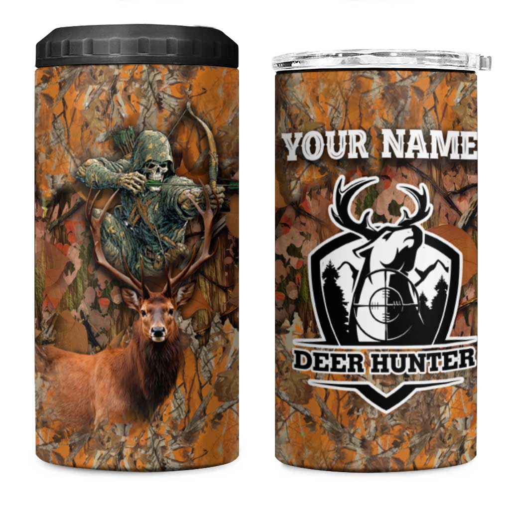 Custom Deer Hunting 4 in 1 Can Cooler Tumbler Big Game Camo Forest Design and Skeleton Archer - Wonder Print Shop