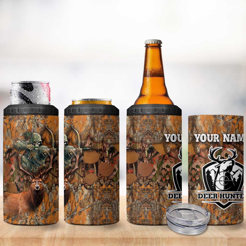 Custom Deer Hunting 4 in 1 Can Cooler Tumbler Big Game Camo Forest Design and Skeleton Archer - Wonder Print Shop