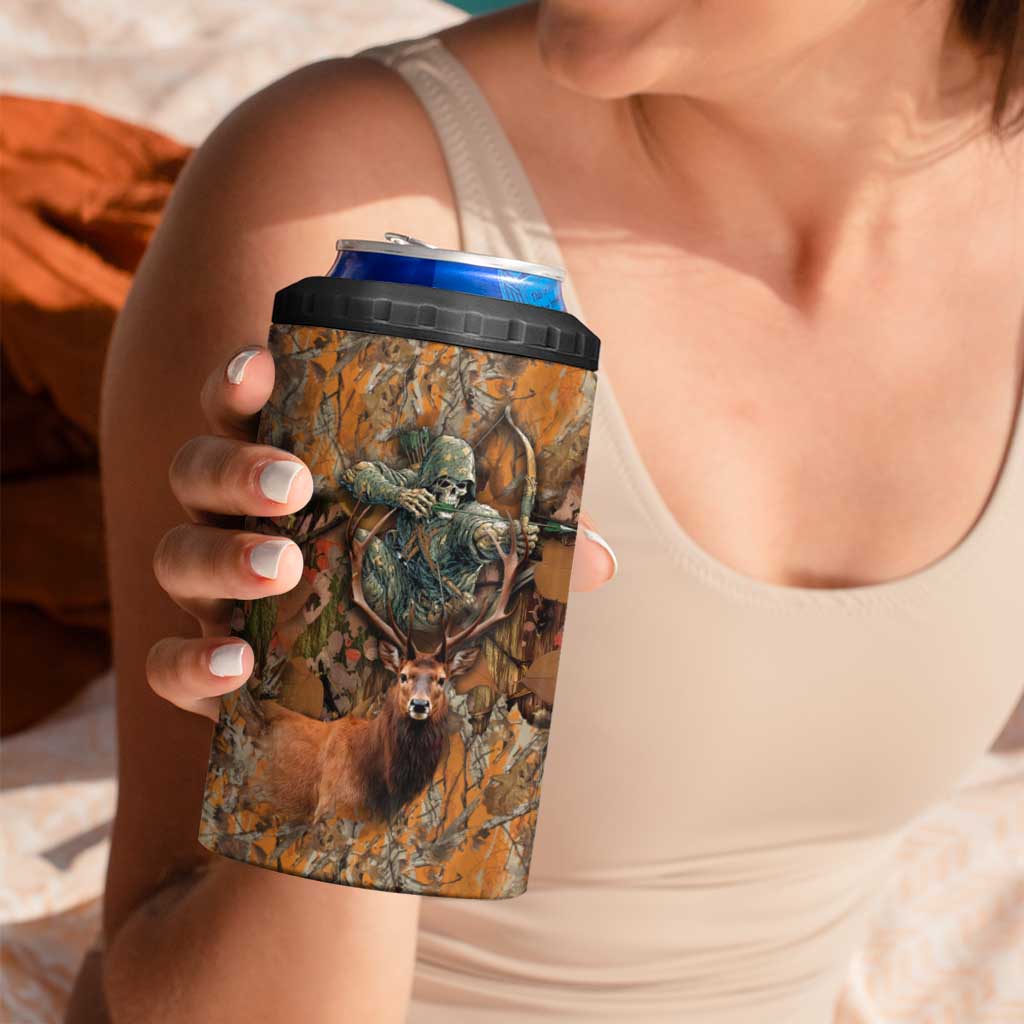 Custom Deer Hunting 4 in 1 Can Cooler Tumbler Big Game Camo Forest Design and Skeleton Archer - Wonder Print Shop