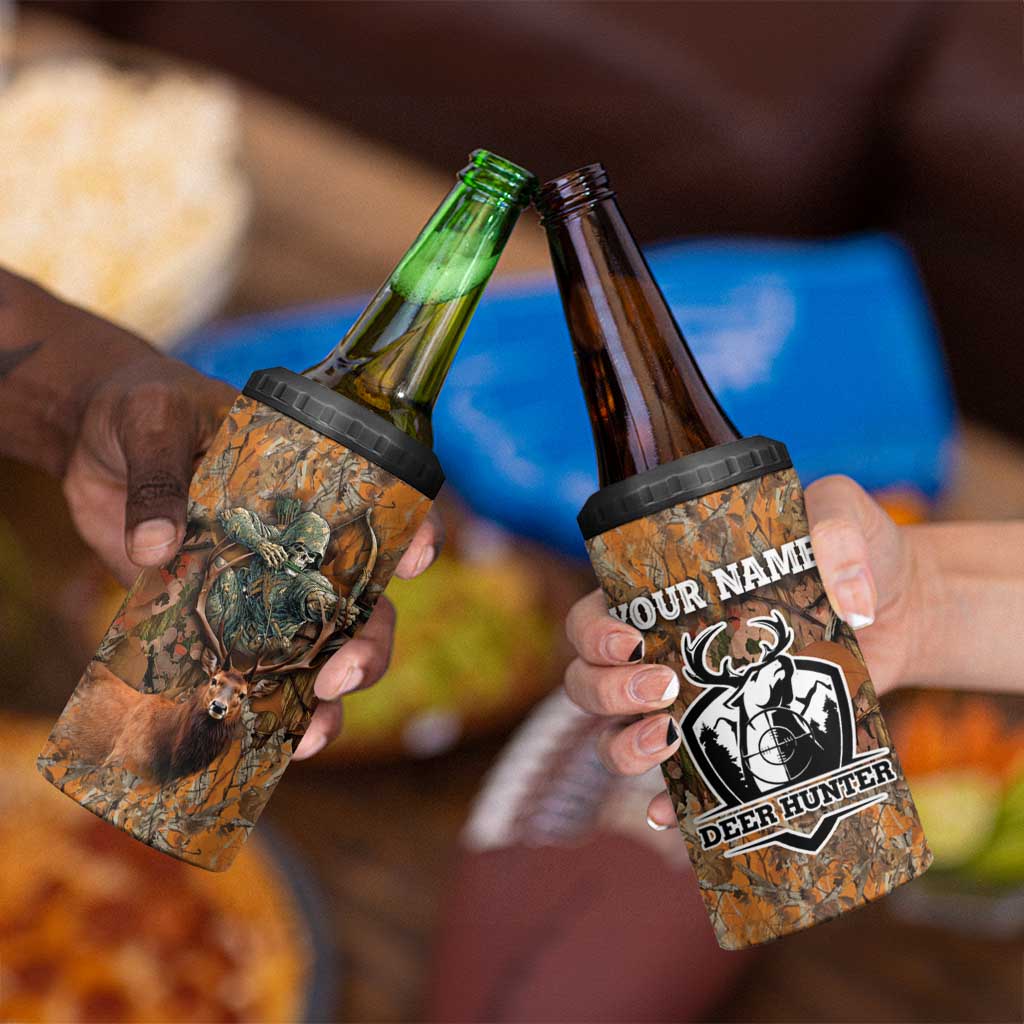 Custom Deer Hunting 4 in 1 Can Cooler Tumbler Big Game Camo Forest Design and Skeleton Archer - Wonder Print Shop