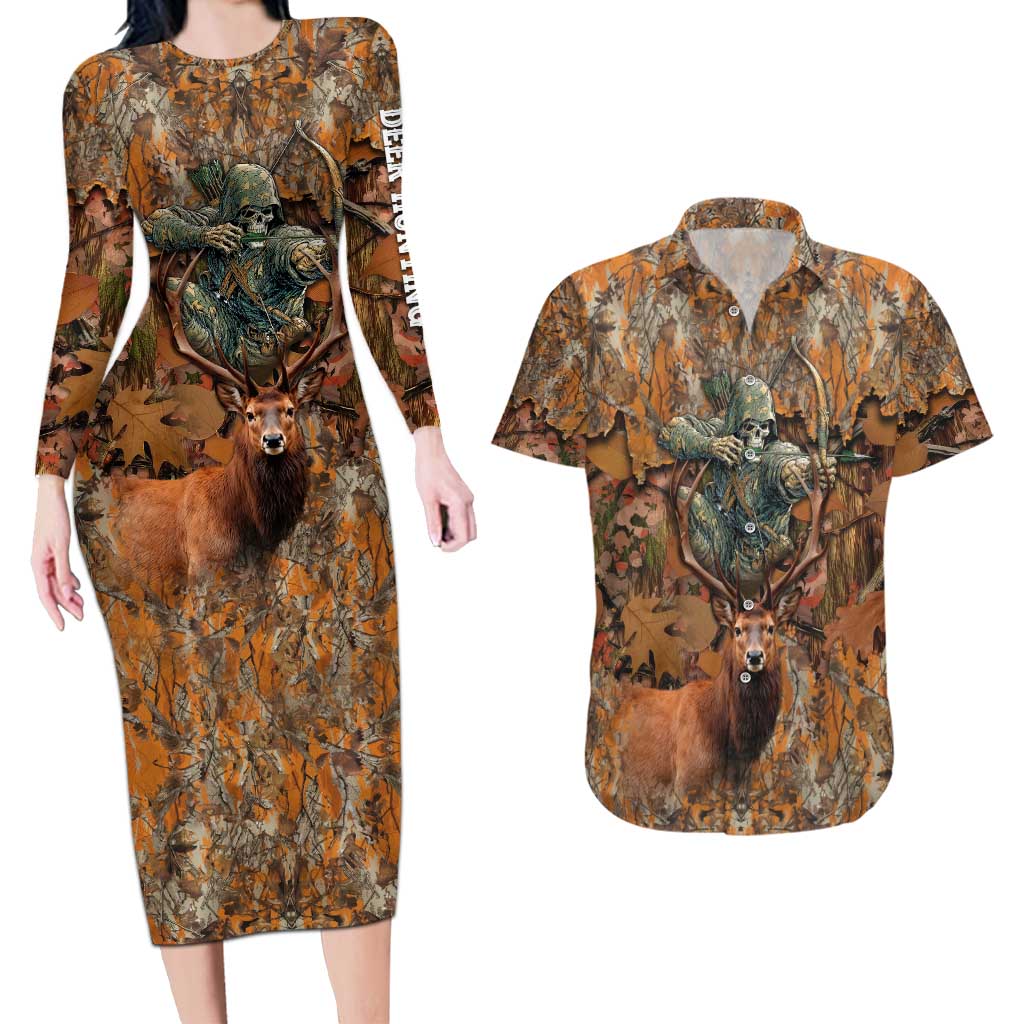 Custom Deer Hunting Couples Matching Long Sleeve Bodycon Dress and Hawaiian Shirt Big Game Camo Forest Design and Skeleton Archer - Wonder Print Shop