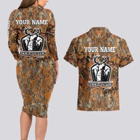 Custom Deer Hunting Couples Matching Long Sleeve Bodycon Dress and Hawaiian Shirt Big Game Camo Forest Design and Skeleton Archer - Wonder Print Shop