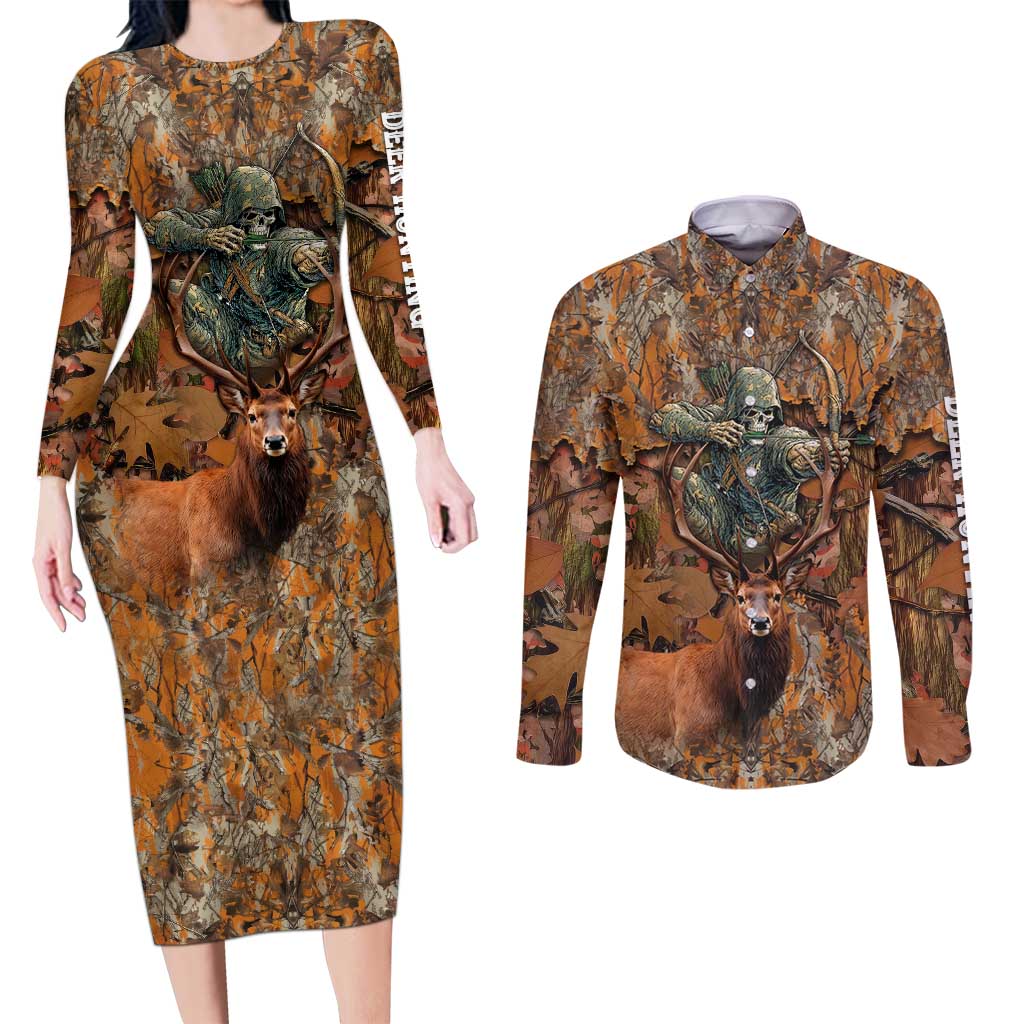 Custom Deer Hunting Couples Matching Long Sleeve Bodycon Dress and Long Sleeve Button Shirt Big Game Camo Forest Design and Skeleton Archer - Wonder Print Shop