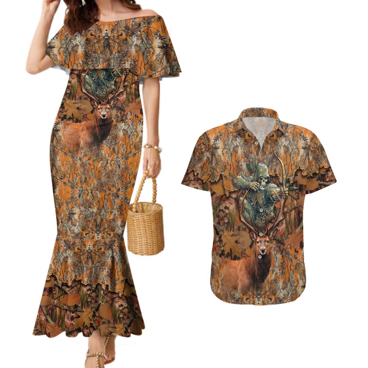 Custom Deer Hunting Couples Matching Mermaid Dress and Hawaiian Shirt Big Game Camo Forest Design and Skeleton Archer - Wonder Print Shop