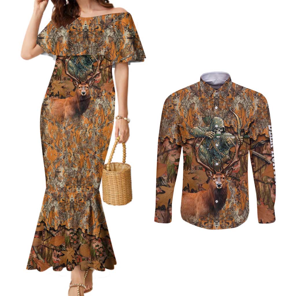 Custom Deer Hunting Couples Matching Mermaid Dress and Long Sleeve Button Shirt Big Game Camo Forest Design and Skeleton Archer - Wonder Print Shop