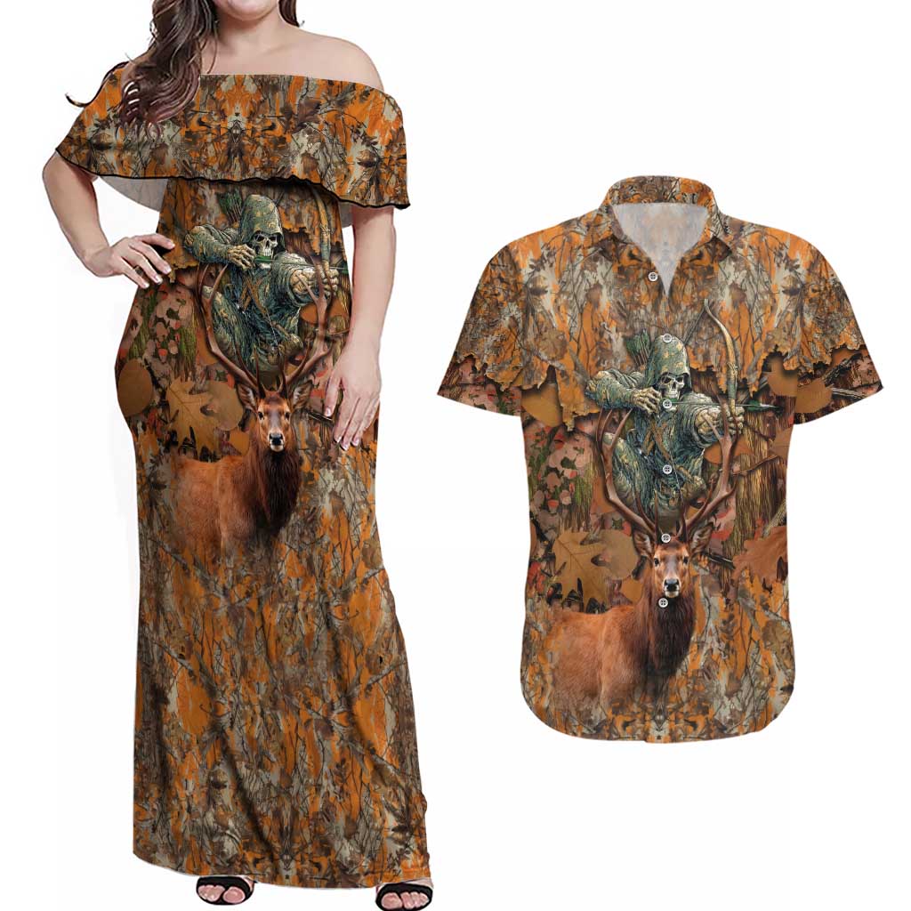 Custom Deer Hunting Couples Matching Off Shoulder Maxi Dress and Hawaiian Shirt Big Game Camo Forest Design and Skeleton Archer - Wonder Print Shop