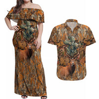 Custom Deer Hunting Couples Matching Off Shoulder Maxi Dress and Hawaiian Shirt Big Game Camo Forest Design and Skeleton Archer - Wonder Print Shop