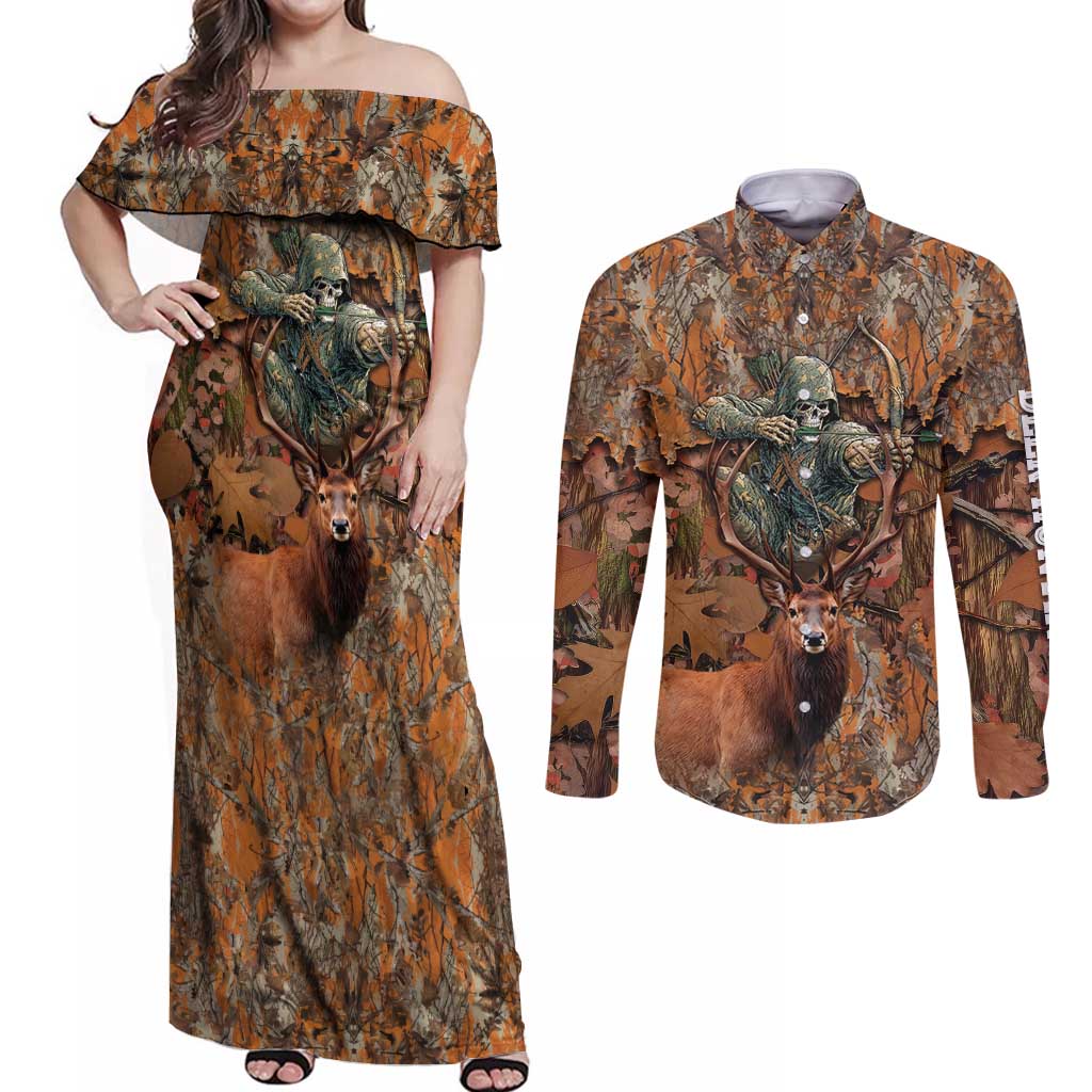 Custom Deer Hunting Couples Matching Off Shoulder Maxi Dress and Long Sleeve Button Shirt Big Game Camo Forest Design and Skeleton Archer - Wonder Print Shop