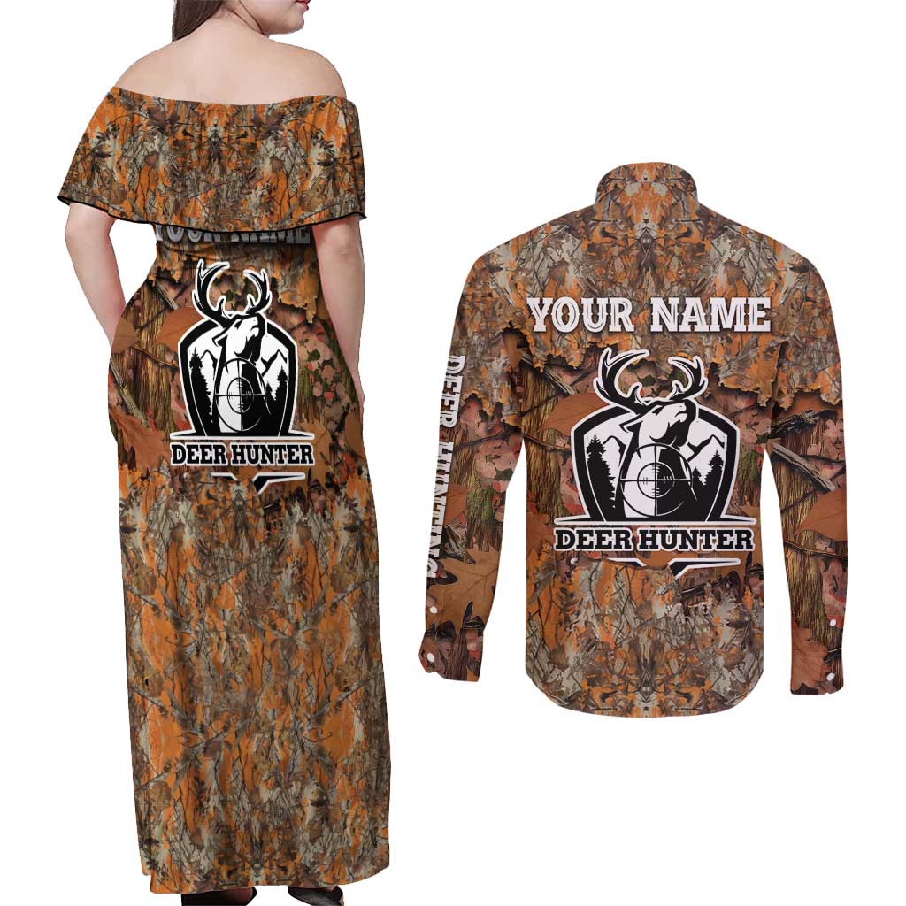 Custom Deer Hunting Couples Matching Off Shoulder Maxi Dress and Long Sleeve Button Shirt Big Game Camo Forest Design and Skeleton Archer - Wonder Print Shop