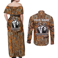 Custom Deer Hunting Couples Matching Off Shoulder Maxi Dress and Long Sleeve Button Shirt Big Game Camo Forest Design and Skeleton Archer - Wonder Print Shop