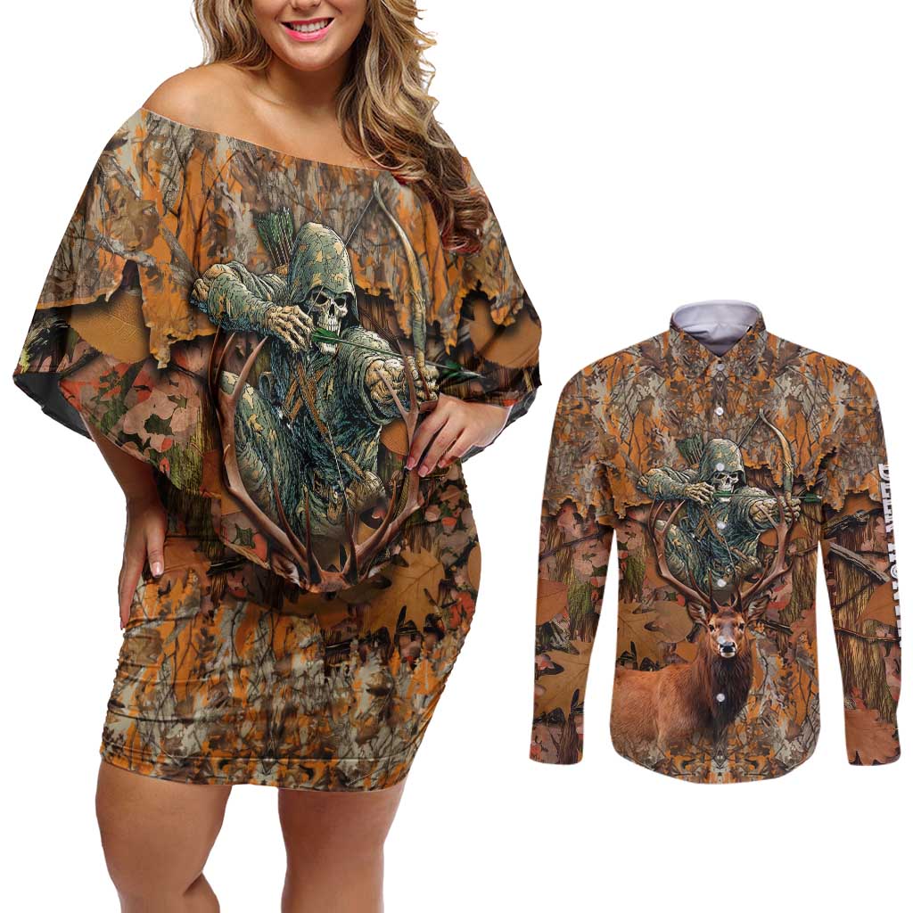 Custom Deer Hunting Couples Matching Off Shoulder Short Dress and Long Sleeve Button Shirt Big Game Camo Forest Design and Skeleton Archer - Wonder Print Shop
