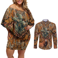 Custom Deer Hunting Couples Matching Off Shoulder Short Dress and Long Sleeve Button Shirt Big Game Camo Forest Design and Skeleton Archer - Wonder Print Shop