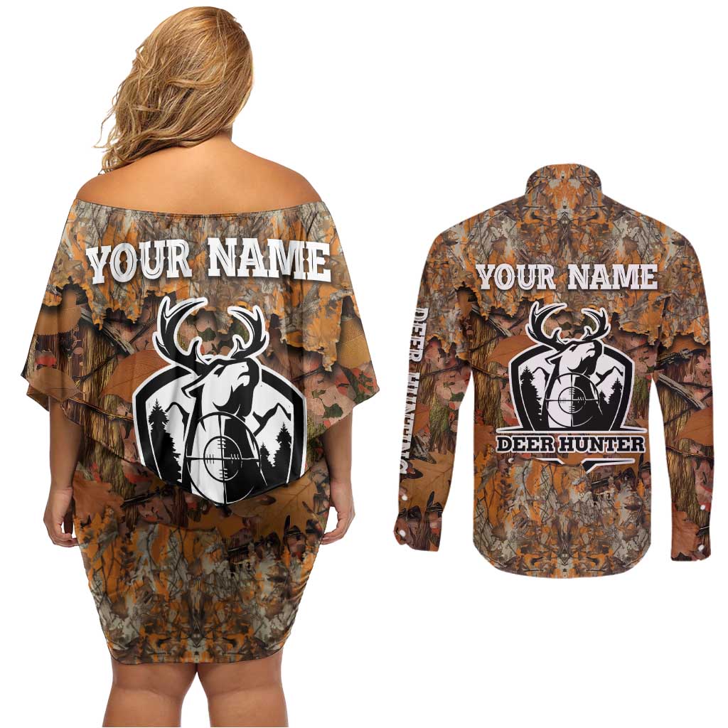Custom Deer Hunting Couples Matching Off Shoulder Short Dress and Long Sleeve Button Shirt Big Game Camo Forest Design and Skeleton Archer - Wonder Print Shop