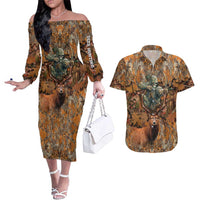 Custom Deer Hunting Couples Matching Off The Shoulder Long Sleeve Dress and Hawaiian Shirt Big Game Camo Forest Design and Skeleton Archer - Wonder Print Shop