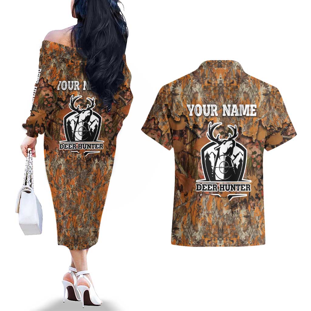 Custom Deer Hunting Couples Matching Off The Shoulder Long Sleeve Dress and Hawaiian Shirt Big Game Camo Forest Design and Skeleton Archer - Wonder Print Shop