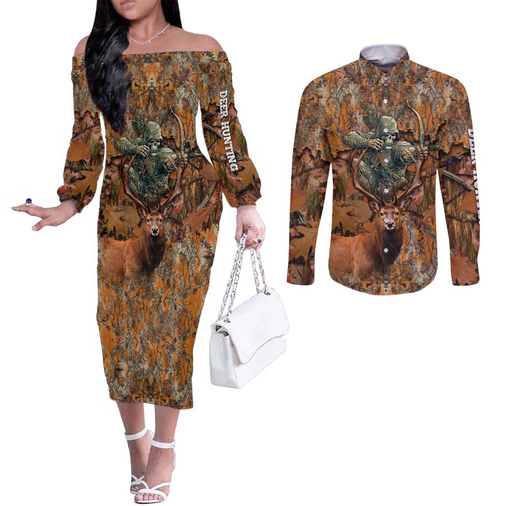 Custom Deer Hunting Couples Matching Off The Shoulder Long Sleeve Dress and Long Sleeve Button Shirt Big Game Camo Forest Design and Skeleton Archer - Wonder Print Shop