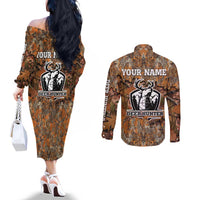 Custom Deer Hunting Couples Matching Off The Shoulder Long Sleeve Dress and Long Sleeve Button Shirt Big Game Camo Forest Design and Skeleton Archer - Wonder Print Shop