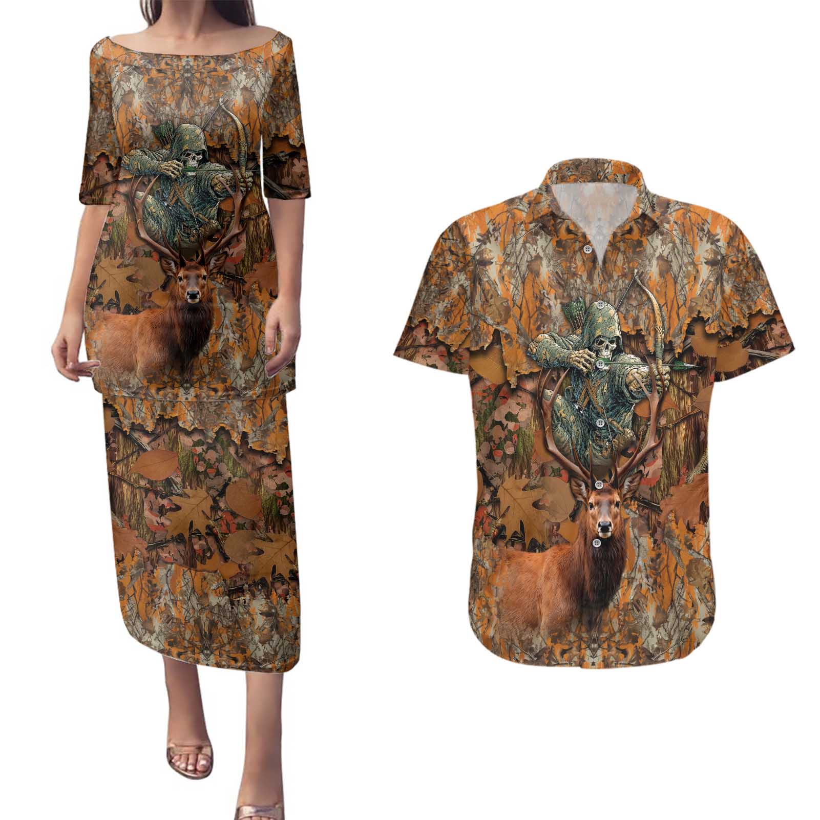Custom Deer Hunting Couples Matching Puletasi and Hawaiian Shirt Big Game Camo Forest Design and Skeleton Archer - Wonder Print Shop