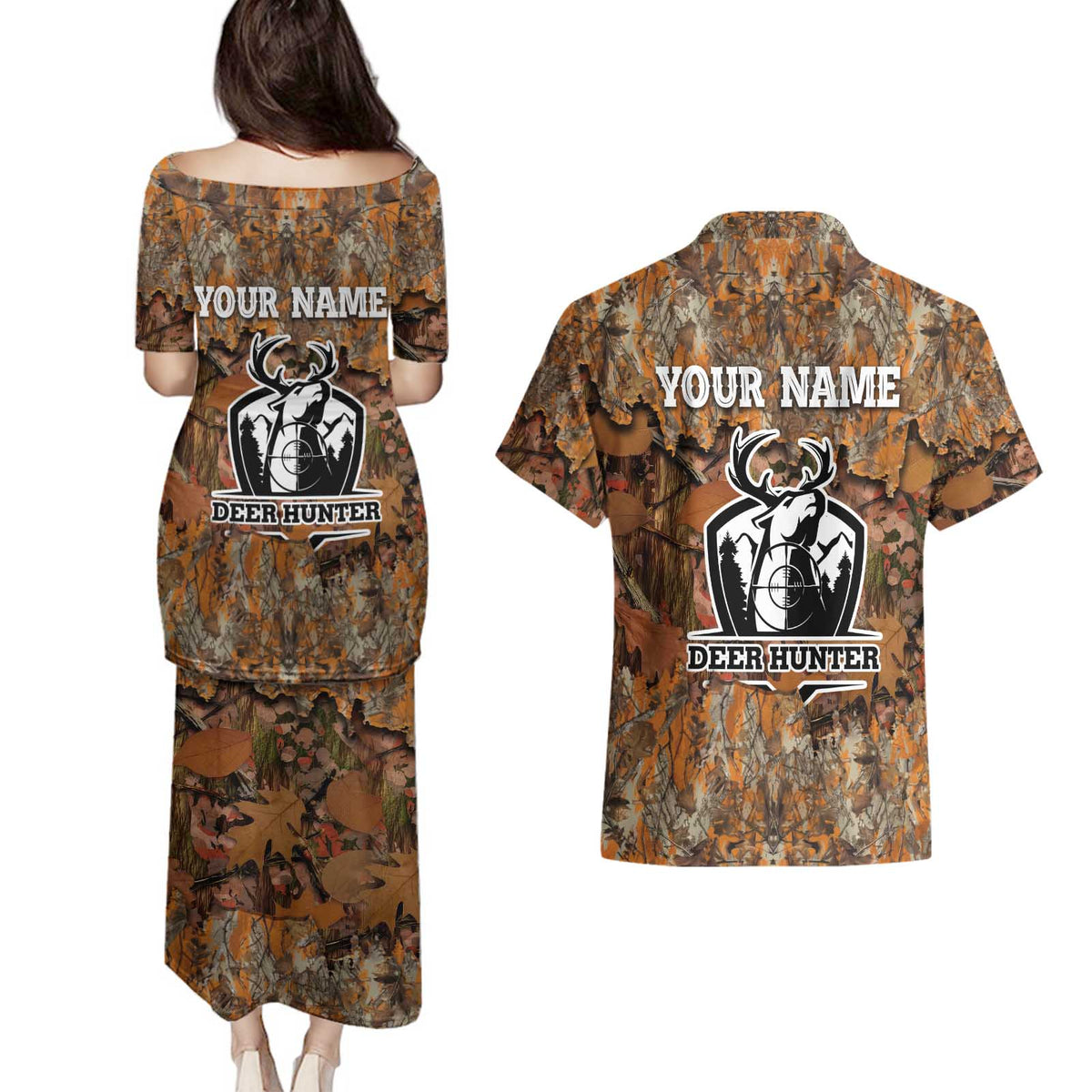 Custom Deer Hunting Couples Matching Puletasi and Hawaiian Shirt Big Game Camo Forest Design and Skeleton Archer - Wonder Print Shop