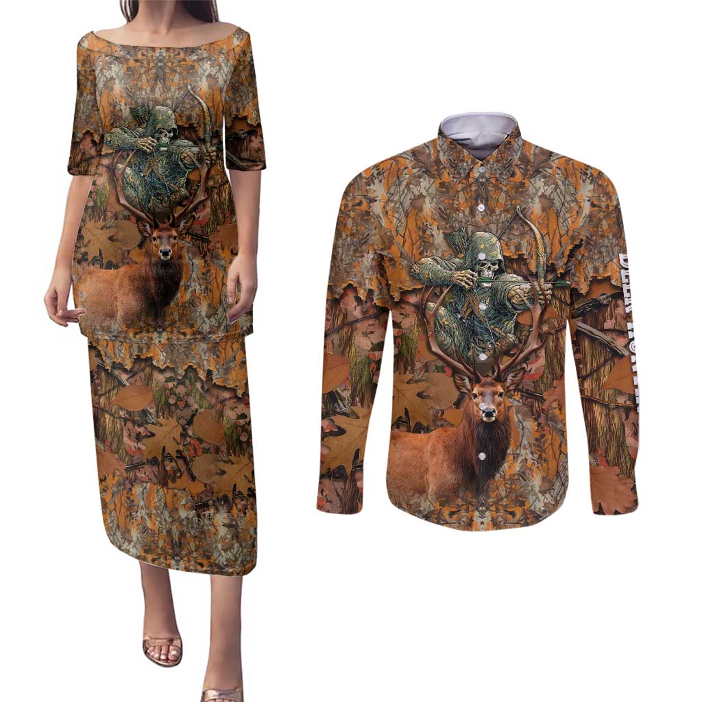 Custom Deer Hunting Couples Matching Puletasi and Long Sleeve Button Shirt Big Game Camo Forest Design and Skeleton Archer - Wonder Print Shop