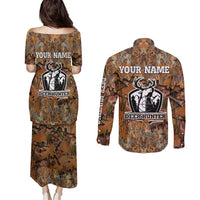 Custom Deer Hunting Couples Matching Puletasi and Long Sleeve Button Shirt Big Game Camo Forest Design and Skeleton Archer - Wonder Print Shop